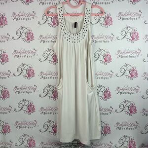 Simon Chang dress y2k draped flowy White Sleeveless Studded Neckline